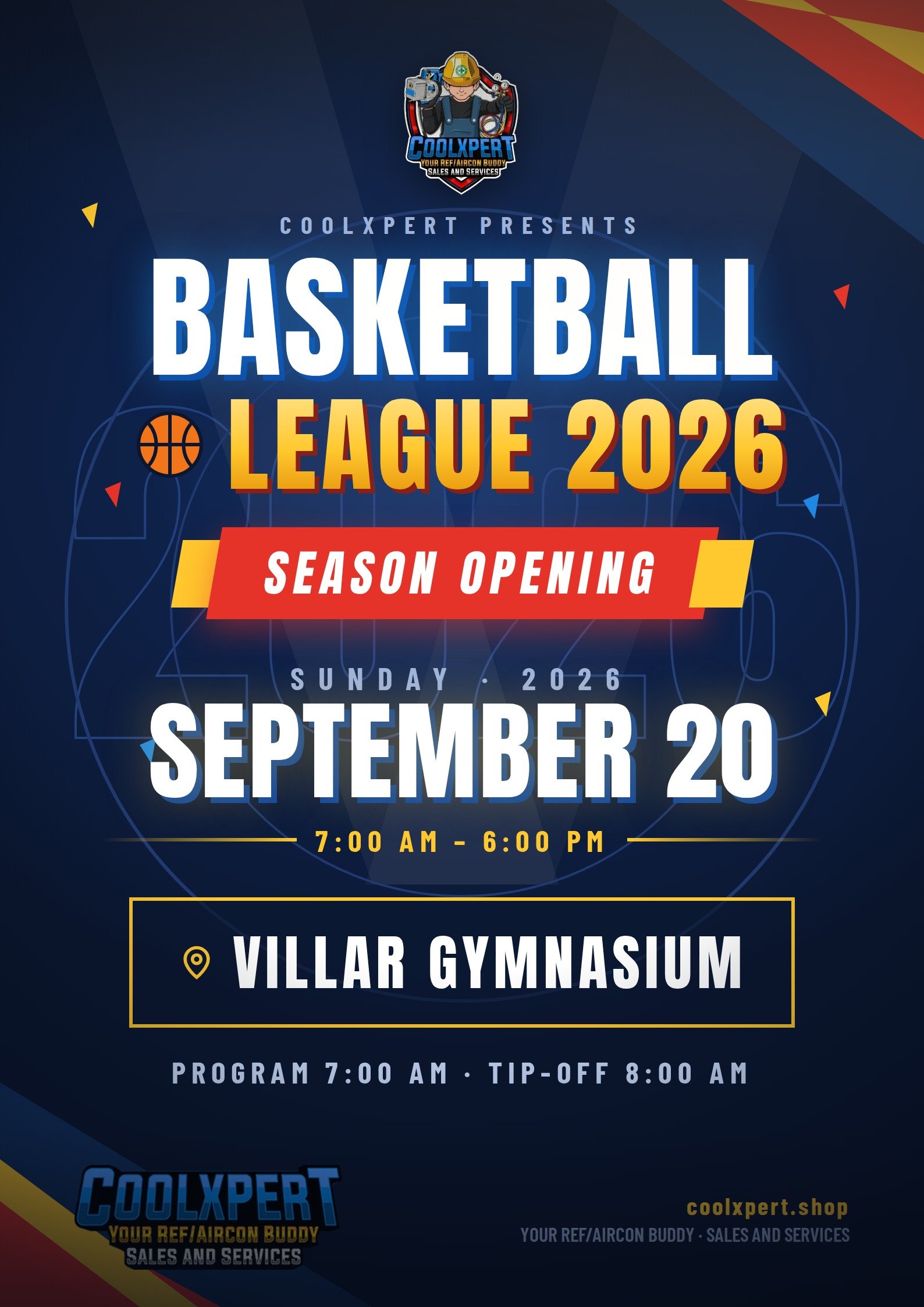 Coolxpert Basketball League 2026 Season Opening poster &mdash; Sunday, September 20, 7:00 AM, Villar Gymnasium